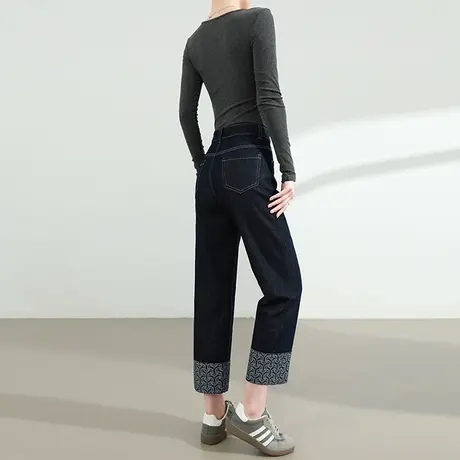 印花挽边直筒牛仔裤女夏季薄款高腰显瘦八九分小个子窄版烟管裤子商品大图