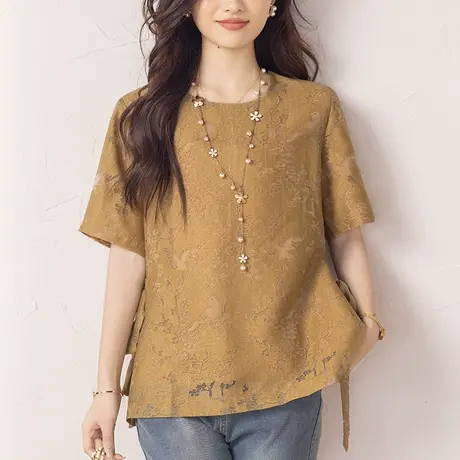 短袖t恤女夏季新款加大码女装宽松中年妈妈法式精致提花半袖体恤图片