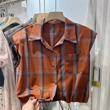 港风休闲复古格字Polo领无袖衬衫女2025夏季宽松显瘦短款抽绳上衣商品大图