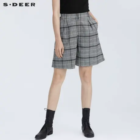 sdeer圣迪奥复古休闲撞色格纹压褶插袋A字短裤S21260922商品大图