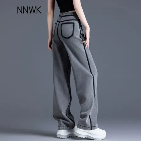 烟灰色牛仔裤女2025新款春秋季高腰阔腿裤时尚撞色裤子窄版直筒裤图片