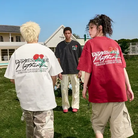 Nuthink玫瑰花重磅刺绣短袖T恤潮牌字母美式复古宽松男女2025新款图片