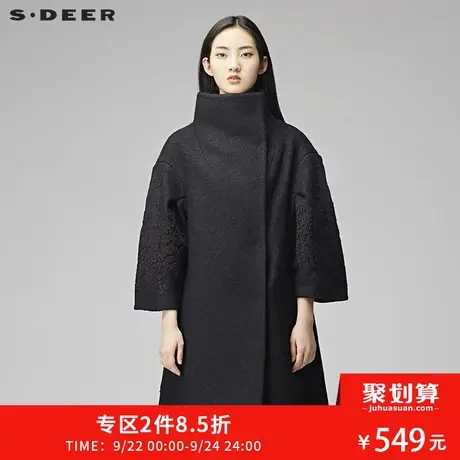 sdeer圣迪奥2019新款复古纯色绣花宽松中长款毛呢大衣女S17481890图片