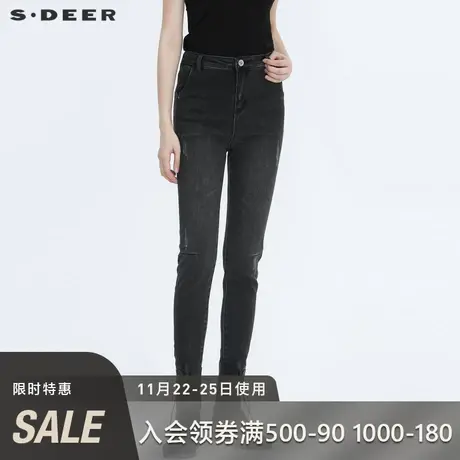 sdeer圣迪奥秋季个性破洞做旧铆钉牛仔九分裤女S20480803图片