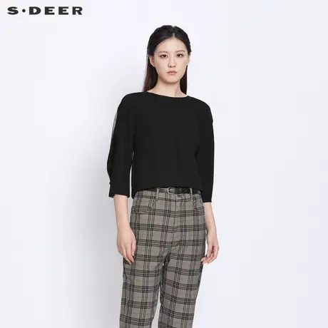 sdeer圣迪奥女装春秋装优雅圆领网纱中袖黑色毛衣女S21383505图片