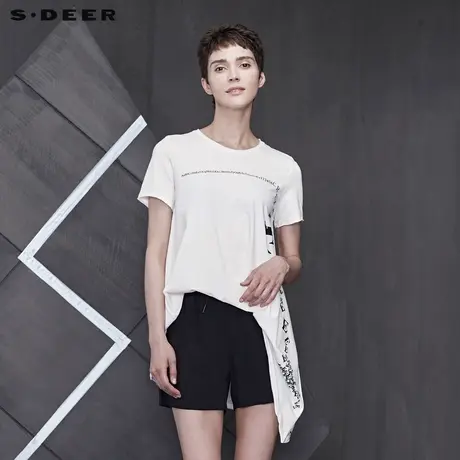 sdeer圣迪奥女装毛边圆领撞色字母不规则摆短袖T恤S192801L6图片