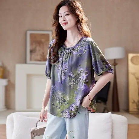 宝诗黎新中式提花短袖上衣2025夏季洋气宽松百搭国风气质女装潮图片