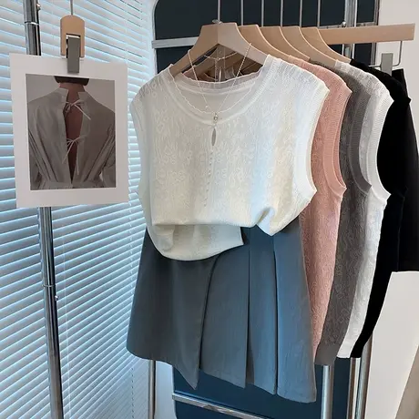 冰丝镂空针织衫女蕾丝套头2025春夏新款外穿钉珠上衣薄无袖t恤衫商品大图