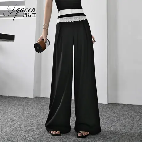 设计感蕾丝拼接阔腿裤女夏季新款宽松高腰垂感休闲直筒拖地长裤子商品大图