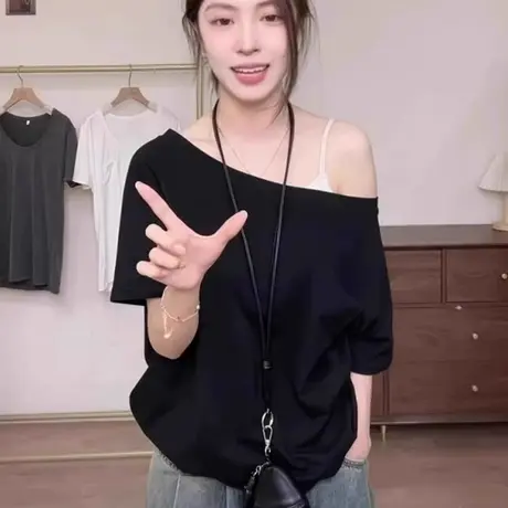 一字肩纯棉短袖T恤女2025新款夏季宽松露肩半袖设计感斜肩上衣服图片