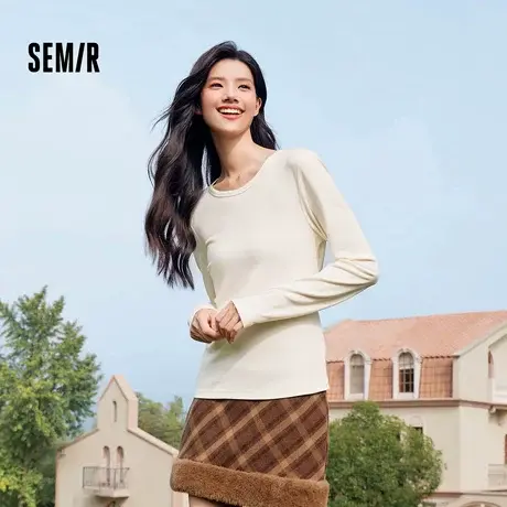 森马长袖T恤女吸湿发热抗菌紧身内搭2024冬季新款圆领抓绒套头衫图片