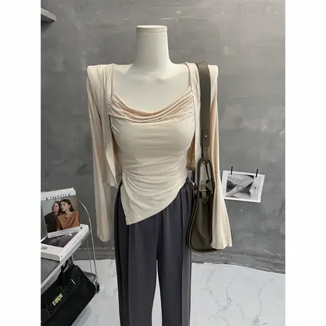 松弛感～透气舒适不规则荡领吊带长袖T恤两件套修身上衣秋季新款商品大图