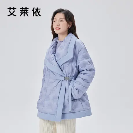 艾莱依翻领羽绒服女2023新款气质时尚斜门襟收腰短款鸭绒冬季外套图片