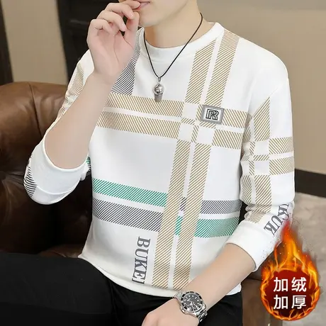 2025冬季新款男士加绒加厚长袖T恤衫加肥加大码冬装打底小衫卫衣图片