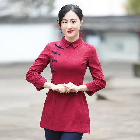 筠雅唐装女中国风改良旗袍上衣2025年春季长袖立领红茶服中式女装图片