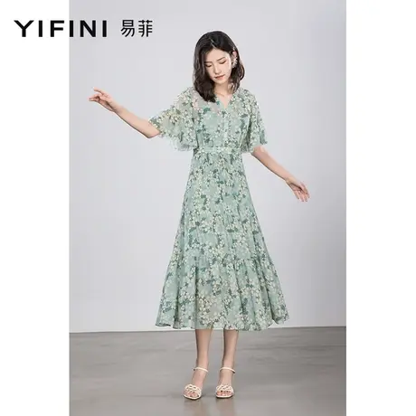 Yifini/易菲长款印花碎花连衣裙女夏季新款V领荷叶袖茶歇裙子商品大图