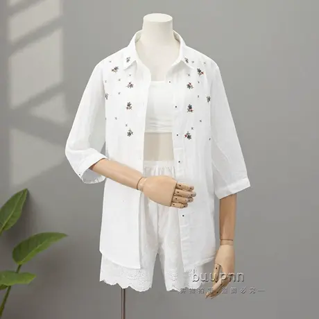 中袖刺绣宽松棉纱衬衫内搭吊带文胸七分袖薄款大码上衣图片