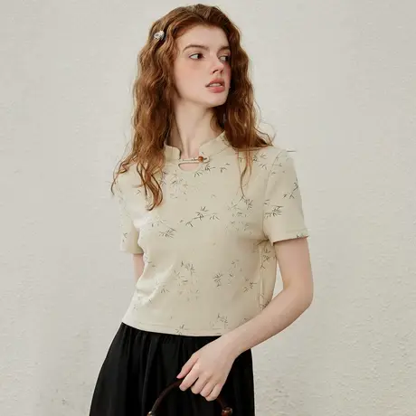 a02国风印花气质设计感盘扣短款女式T恤夏季休闲短袖上衣图片