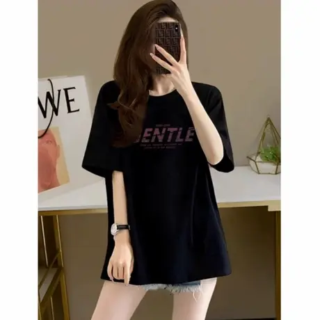 欧洲站黑色大版短袖t恤女2025新款夏季中长款纯棉百搭半袖上衣潮商品大图