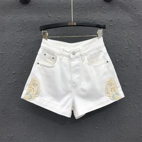 国风刺绣白色牛仔短裤女2025夏季新款高腰显瘦休闲a字阔腿裤热裤商品大图