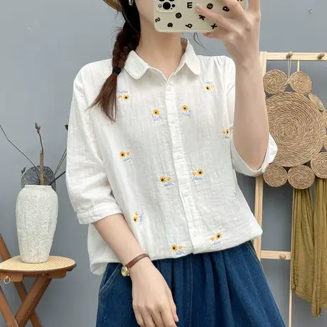 夏季文艺小清新双层棉纱刺绣花中袖衬衫女宽松休闲七分袖上衣百搭商品大图