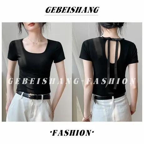 蝴蝶结方领正肩短袖T恤女夏2025新款修身纯色辣妹露背圆领上衣女图片