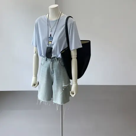 蓝色圆领短袖T恤女夏季雪花棉竹节棉宽松打底衫休闲卡通印花上衣商品大图