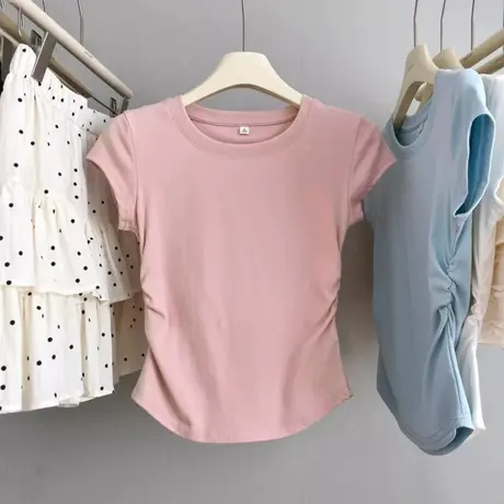 韩系高级感褶皱收腰短袖T恤女夏季修身韩版短款小个子甜辣上衣潮商品大图