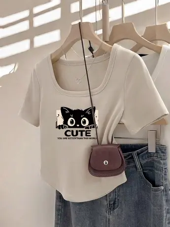 港风chic短款正肩猫咪短袖女方领高级感T恤夏季ins潮洋气百搭上衣商品大图