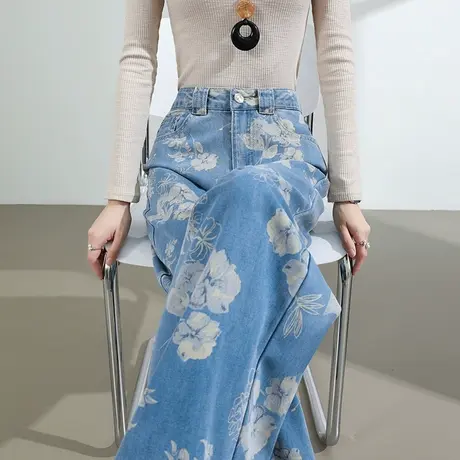 印花莱赛尔天丝棉阔腿牛仔裤女夏季薄款高腰垂感复古直筒拖地长裤图片