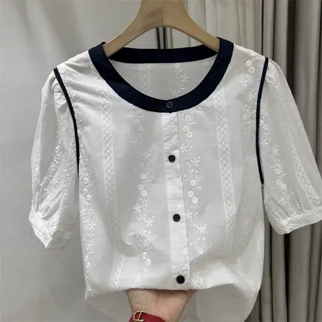韩系2025春夏法式宽松刺绣短袖衬衫女设计感百搭撞色显瘦小衫上衣商品大图