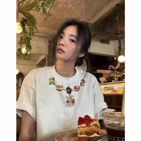 2025新款爆款夏季纯棉短袖t恤女落肩设计感小众美式宽松半袖上衣商品大图