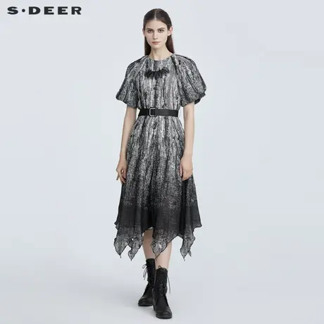 sdeer圣迪奥圆领收腰泼墨印花不规则短袖连衣裙S21281204商品大图