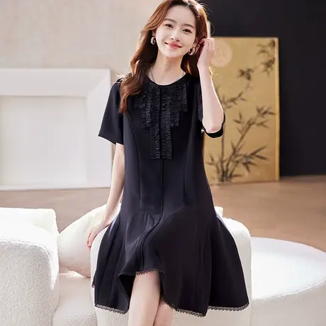 宝诗黎圆领短袖雪纺连衣裙2025夏季时尚减龄简约显瘦气质小黑裙商品大图