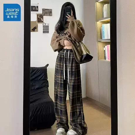 GL真维斯女装休闲裤秋季新款美拉德撞色宽松直筒小个子抽绳格子裤商品大图