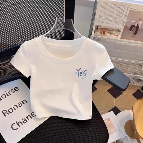 韩版圆领正肩短袖t恤女2025新款设计感修身美式辣妹百搭短款上衣商品大图