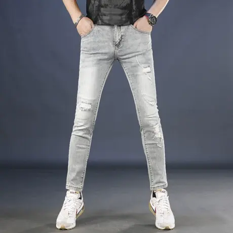 2025新款牛仔裤男夏季薄款破洞水洗弹力修身小脚男款潮流痞帅裤子商品大图