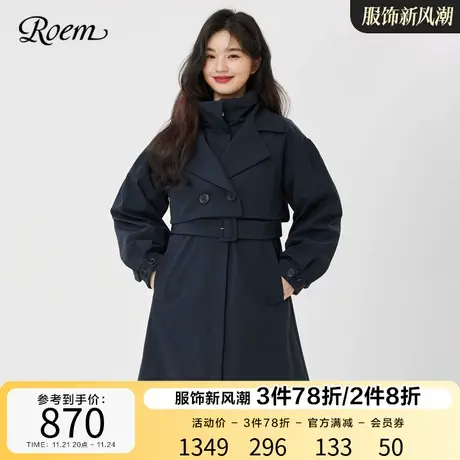 Roem秋冬新款商场同款通勤创意双领休闲风衣款中长款羽绒服女图片