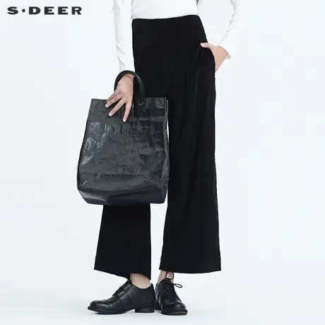 sdeer圣迪奥秋冬复古时尚高腰卷边黑色灯芯绒阔腿长裤女S20460805图片