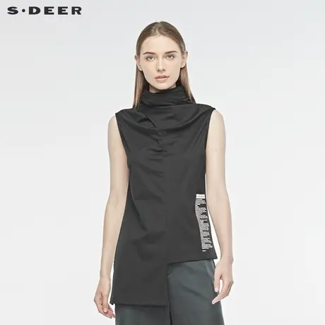 sdeer圣迪奥女装分割堆积褶皱撞色字母不规则摆无袖T恤S19280310图片