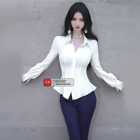 VJE春季法式小众白色长袖衬衫新款女士修身收腰内搭通勤上衣图片