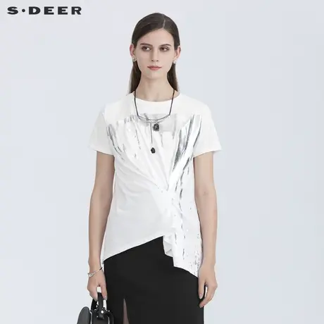 sdeer圣迪奥女装休闲圆领胶印不规则短袖T恤S21280106图片