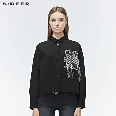 sdeer圣迪奥女装休闲翻领字母绣花拼接纯黑长袖衬衫S19480516图片