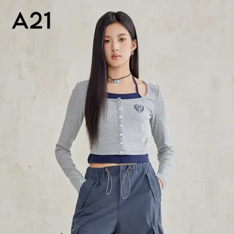 A21女装美式复古辣妹修身假两件针织长袖T恤内搭上衣图片