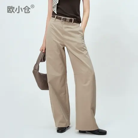 欧小仓可颂系列立体解构弯刀阔腿裤卡其色松弛感新疆长绒棉香蕉裤商品大图