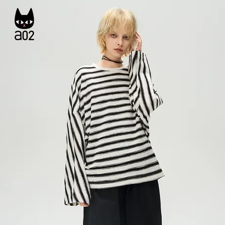 a02【ET自然系列】黑白条纹宽松长袖T恤女2025春季新款气质上衣图片