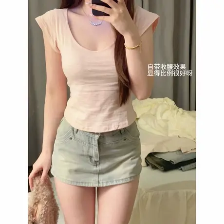 chic甜辣短袖T恤女夏季修身显瘦韩版短款小个子大领口u领半袖上衣商品大图