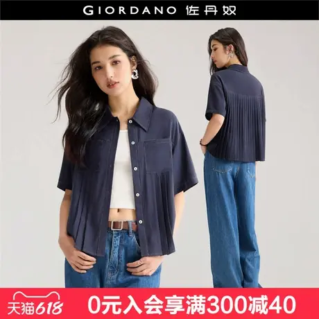 设计师款佐丹奴衬衣女牛仔色压褶口袋宽松薄款短袖衬衫女18345808图片