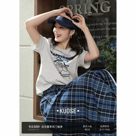 阔色浅灰色草莓刺绣印花正肩T恤女2025夏季新款休闲宽松短袖上衣图片