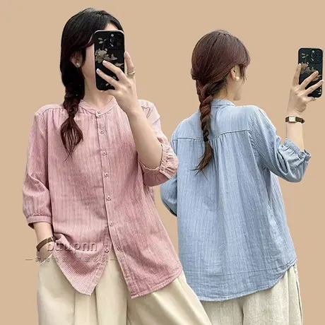 细条纹休闲无领衬衫女七分袖夏季双层纱全棉宽松透气中袖衬衣商品大图